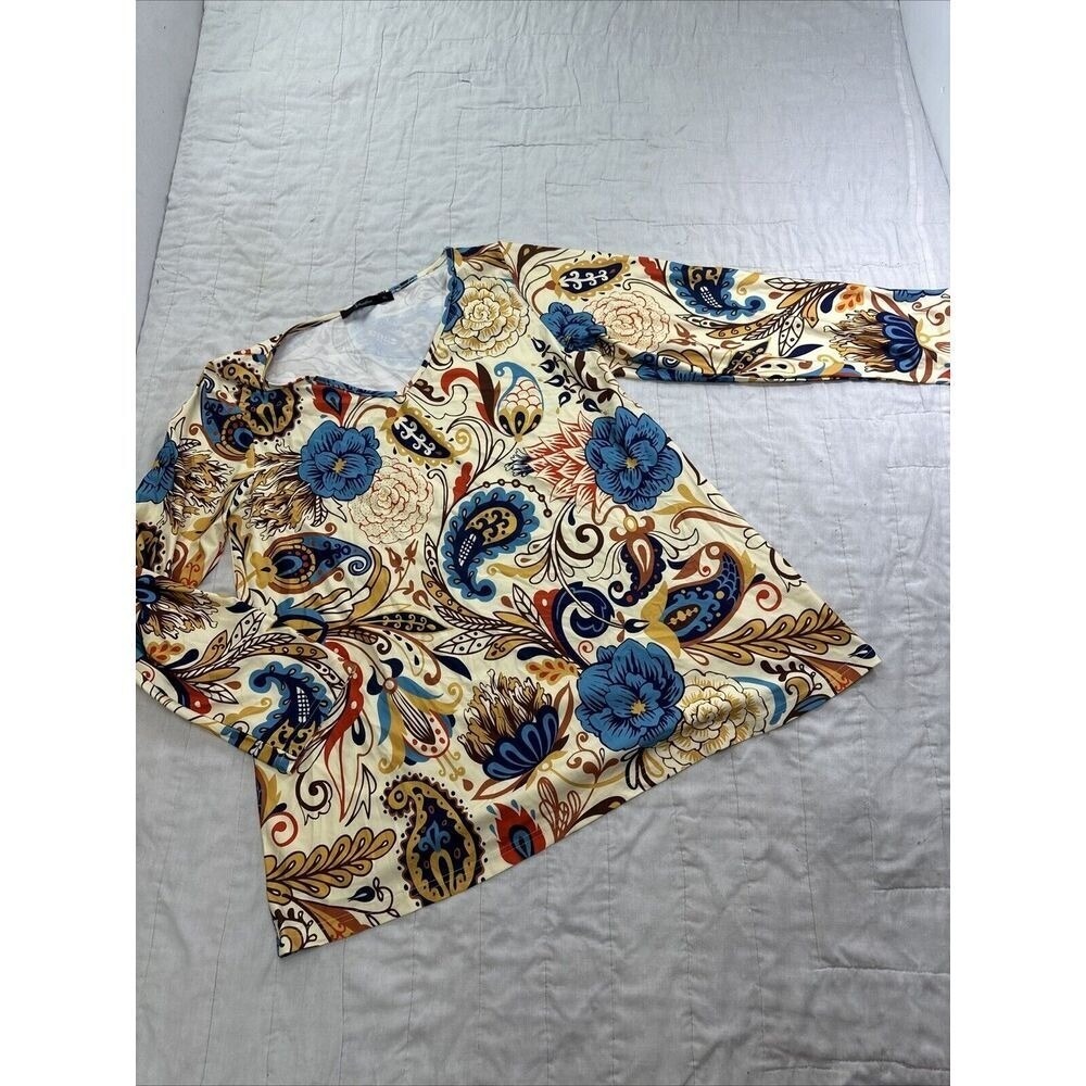 Sakurafina Paisley Blouse Tunic XL Yellow Blue 3/4 Sleeve V-Neck Wearable Art